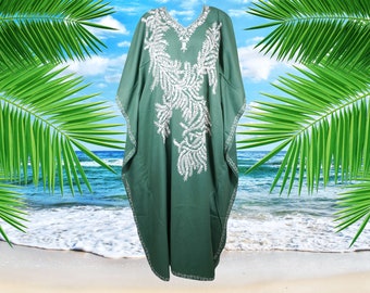 Women's Kaftan Maxi Dress, Gorgeous Embroidered Green Long dress, Maxi kaftan, soft beach cover up, boho, resort wear, L-2X, One size