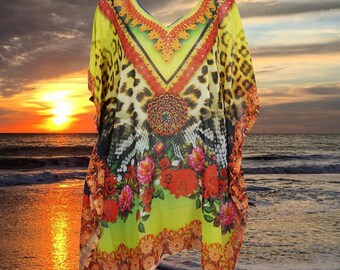 Womens Yellow Kaftan Sheer Dress, Red Boho Printed kaftan Coverup, Beach, Summer, Holiday Dresses ONESIZE L/4X