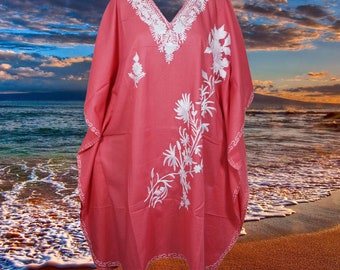 Women's Midi Kaftan Dress, Neon Pink Boho Handmade holidays Lounger, Cotton Embroidered Summer Caftans One Size L-4XL