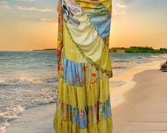 Bohemian Yellow Silk Sari Ruffle Wrap Skirt, Tiered Belly Dance Beach Party Long Skirts One size