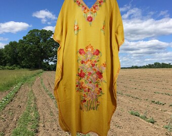 Women's Kaftan Maxi Dress, Beach Lounger, Cotton Embroidered Caftans, Sunny Yellow Maxi Dress, Oversized Housedress L-2XL One Size