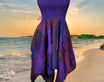 Women’s Patchwork HANKY Skirt, Purple Ruched Boho Dress Cotton Beach Strapless Dresses S/M