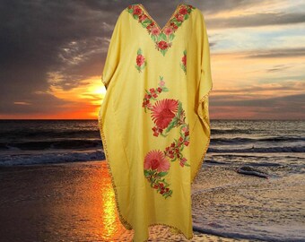 Women's Travel Caftan Maxi Dress, Yellow Floral Embroidered Kaftan Dress, Handmade Gift, Cotton Cruise Boho Beach Dresses ONE SIZE L-2XL