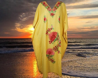 Women's Travel Caftan Maxi Dress, Yellow Floral Embroidered Kaftan Dress, Handmade Gift, Cotton Cruise Boho Beach Dresses ONE SIZE L-2XL