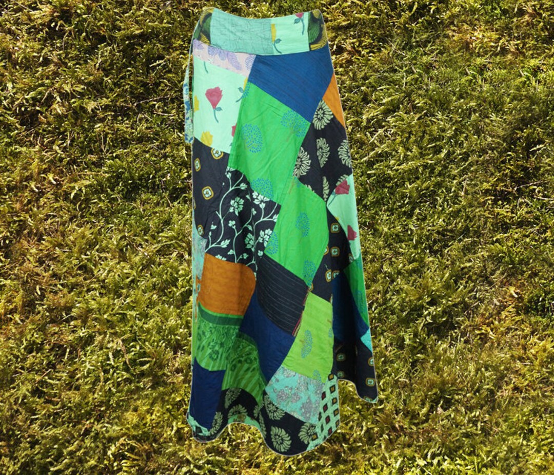 Womens Wrap Around Skirts, Cotton Skirts, Green Black Patchwork Boho