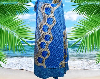 Wrap Long Skirt, Blue Printed Silk sari wrap skirt, Beach Skirt, Reversible saree skirt, one size silk wrap skirt with tie