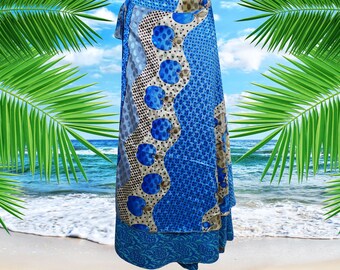 Wrap Long Skirt, Blue Printed Silk sari wrap skirt, Beach Skirt, Reversible saree skirt, one size silk wrap skirt with tie