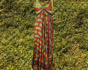 Maxi Dress, Bohemian Summer Halter Dress for Women, Red Yellow Floral Dress, Boho Swing Maxi Dress, Summer boho long dress, Beach wear S/M