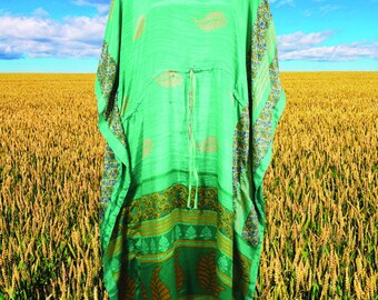 Women Boho Beach Kaftan, Sea Green, Yellow ,Caftan, Leaf Silk Kaftan, housedress, Beach Coverup, Summer Caftan, Resort, Cruise Caftan L-2X