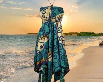 Womens Recycle Silk Halter Dress, Handmade Summer Dresses, Boho Blue Gray Hi Low Travel Sundress S/M