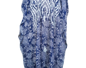 Womens Sheer Caftan Maxi Dress, Blue White Paisley, Embroidered, Kaftan Dress, Summer, Travel, Cruise, Holiday Dresses 4XL