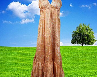 Womens Summer Maxi Dress, Halter Dresses, Peach Summer Flare Swing Boho Beach Maxi Dress, Strap Dress, Recycle Sari Handmade Dresses S/M