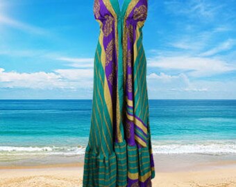 Womens Summer Maxi Dress, Halter Dresses, Blue Green Summer Flare Swing Beach Maxi Dress, Strap Dress, Recycle Sari Handmade Dresses S/M