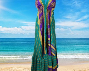 Womens Summer Maxi Dress, Halter Dresses, Blue Green Summer Flare Swing Beach Maxi Dress, Strap Dress, Recycle Sari Handmade Dresses S/M