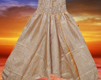 Women Harem Pants, Baggy Peach Floral Print Pants, Gypsy Pants, Boho Hippie Aladdin Pant, Smock Waist Sari Pants S/M/L