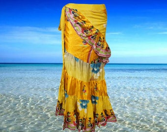 Boho Wrap Skirt for Women, Yellow Ruffle Wrap Skirt, Tiered Maxi Wrap Skirts, Wrap Skirt with Ties, Long Skirt, Flounce Skirt One size