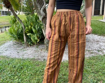 Striped Boho Hippie Trousers, Unisex Pants, Orange Striped Trousers with Pockets, Loose Fit Pant, Pants With Pockets S/M