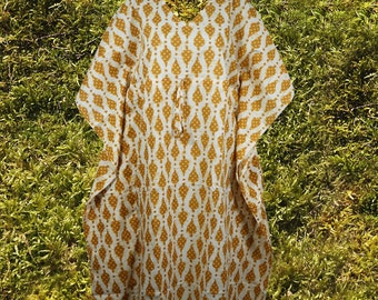 Women Cotton Kaftan Midi Dress, Yellow, White Paisley Summer Caftan, Resort Dress, Boho Beach, Cover up, Handmade, Stylish Caftan S/M/L