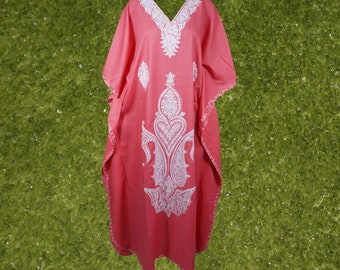 Womens Kaftan Maxi Dress, Embroidered Floral Beach Cover Up, Pink Maxi Dresses, Summer Loose Kaftan Dress, Resort Wear M-2XL