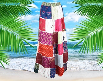 Womens Maxi Skirt, Red White Summer Skirt, Gujarati Patchwork Handmade Vintage Boho Chic Long Skirts S/M/L