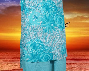 Womens Beach Wrap Skirt, 2 Layer Skirts Sea Blue Floral Print Sari Skirts, Beach Wear, Boho, Travel Skirt, Reversible Wrap Skirts One Size