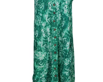 Freeing Feeling Tie Dye Green Tank Dress Flare Sleeveless Button Front Beach Cover Up Sundress L