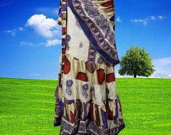 Womens Boho Floral Wrap Around Skirt, Blue White Upcycled Silk Sari Printed Full Length Flare Ruffle Maxi Dress One Size