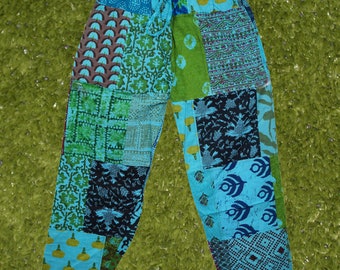 Womans Cotton Pants, Patchwork Harem Pants, Blue Printed High Waist Pants, Lounge, Pajamas, Yoga Pants S/M/L