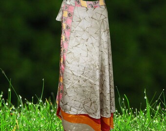 Womens Magic Maxi Wrap Skirt, Floral Double Layers Gray Orange Wrap Skirts, Recycled Sari Wrap Skirt, Handmade Fashion, Gift, One size