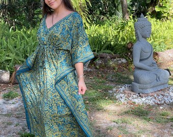 WOMENS Maxi Kaftan Dresses, Pure Silk Caftan Maxi Dress, Aqua BLUE Green Paisley Printed Cover Up, Beach Dress, Resort Wear L-3X One size