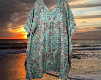 Womens Caftan Dress, Pink Green, Boho dresses, Midi Kaftan Dress, Beach Cover Up, Kaftan Recycle Sari Lounge Wear, SML