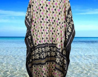 Women Boho Beach Kaftan, Black, Beige Leaf Caftan, Silk Kaftan, housedress, Beach Coverup, Summer Boho Caftan, Resort, Cruise Caftan L-2X