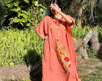 Womens Embroidered Kaftan Maxi Dress, Oversize Handmade Dress, Resort Wear, Coral Peach Floral Caftan Maxi Dress, Gift One Size L-2XL