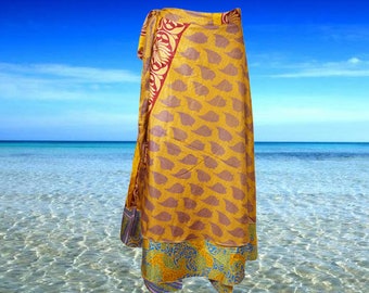 Womens Sari Wrap Skirt, 2 Layer Skirts, Yellow Purple Printed Maxi Skirt, Resort Wear, gift, Handmade Reversible Wrap Skirts, One Size