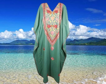 Women's Kaftan Maxi Dress, Green Beach Maxi holidays Dresses, Lounger, Cotton Embroidered Handmade Caftans, Oversize L-2XL One Size