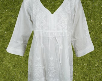 Womens Cotton Tunic, White Chikankari Embroidery Cotton Tunic, Handmade Blouse, Handmade Gift,Tunic Bohemian Clothing, Shirt L