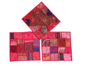 3 Decorative Indian Throw Pillow Cases Pink Ethnic Patchwork Cushion Covers 16 x 16