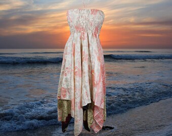 Women Sundress, Halter Dresses, Beige Pink Handmade Boho Dress, Printed Uneven Hem Upcycled Silk Sari Boho Beach Halter Dress S/M
