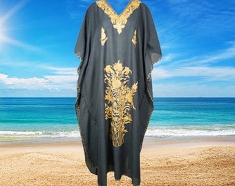 Woman Caftan Dress, Maxi Kaftan Dresses, Loose Housedress, Black Floral Embroidered Boho Dresses, Handmade Kaftan Dresses L-2XL One size