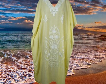 Women's Kaftan Maxi Dress, Lemon Yellow, Boho Goddess, Lounger, Summer Housedress, Cotton, Embroidered Beach Caftans, L-2XL, Ankle Length