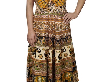 Rero 70s Hippie BOHO tRIBAL Summer Cotton Maxi Dress Sleeveless Printed Fern Gypsy Hippie Chic Maxidress M/L