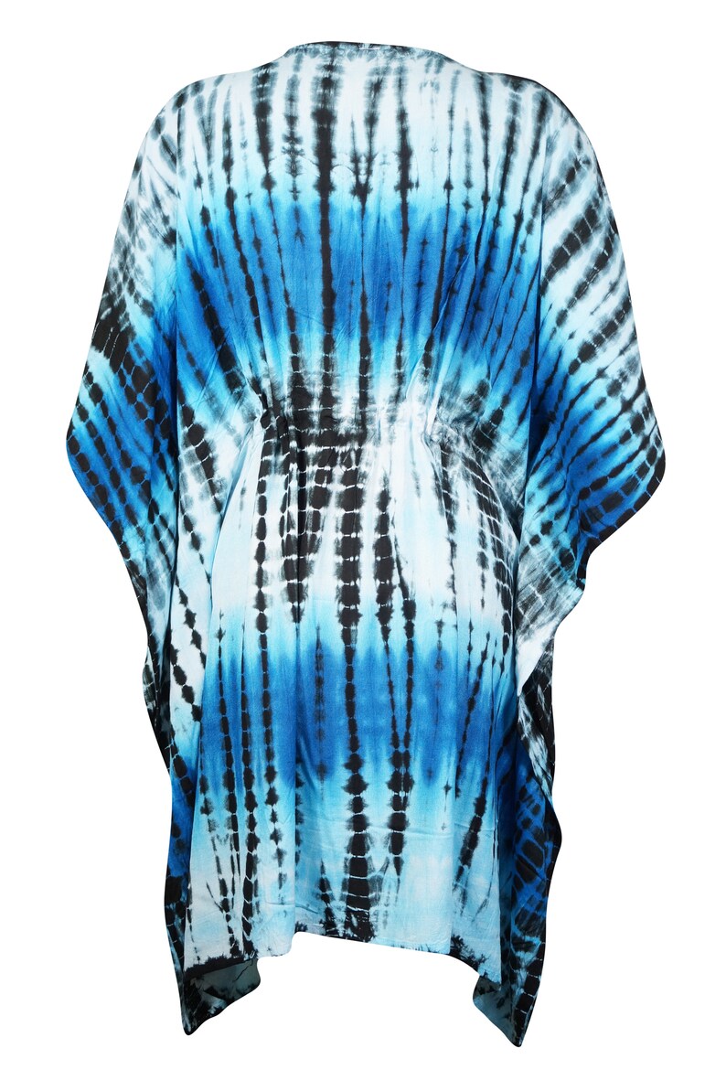 Tie Dye White Blue Caftan Tunic Cover Up Resort Wear Tunic Dress One size M-2X Womens Caftan Dress Knee Length Short Kaftan Dresses