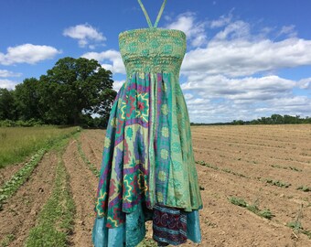 Womens Boho Halter Dress, Printed Green Hi Low Hem Recycled Sari Holiday Beach Dresses, Handmade Summer Dresses  S/M