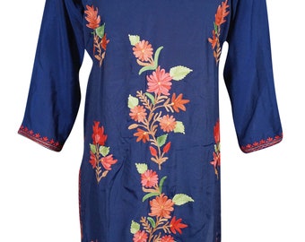 Hand Embroidered Blue Tunic Dress Shirt Traditional Multicolored Floral Embroidered Silk Soft Sexy Free Flowing Hippie Chic Dresses XS