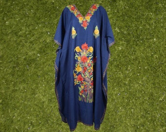 Women's Kaftan Maxi Dress, Navy Blue Beach holidays, Lounger, Cotton Embroidered Handmade Caftans, Oversize L-2XL One Size