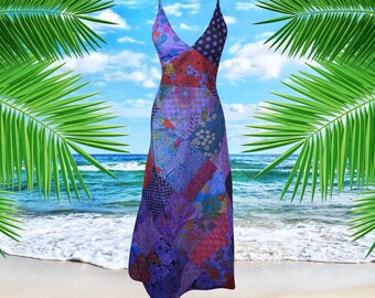 Womens Boho Maxi Dress, Purple Cotton Patchwork Printed Dresses, hand made Casual Strap Sundress SM