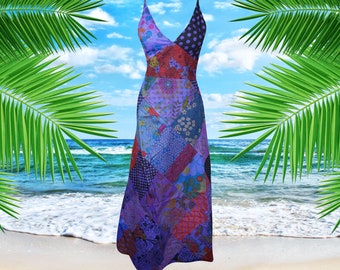 Womens Boho Maxi Dress, Purple Cotton Patchwork Printed Dresses, hand made Casual Strap Sundress SM