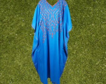 Womens Maxi Kaftan Dress, Blue embroidered Kaftan Dress, Gift Cotton Caftan Dress, Loose Dress, Travel Kaftan Dresses, Caftans L-3XL