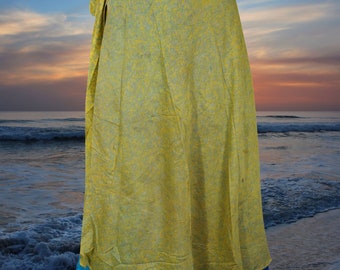 Womens Wrap Skirt, Green Blue Floral Beach Cover Up, Boho Two Layer Silk Sari, Magic Wrap Around Skirts One size