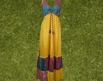 Womens Boho Beach Maxi Dress, Summer Maxidress, Yellow Sunshine Swing Recycle Silk Handmade Dresses ML